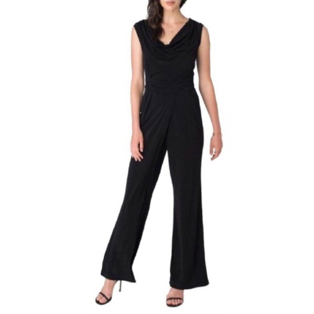Beige by ECI Women's Size PM Black Cowl Neck Zip and Tie Back Jumpsuit NWT